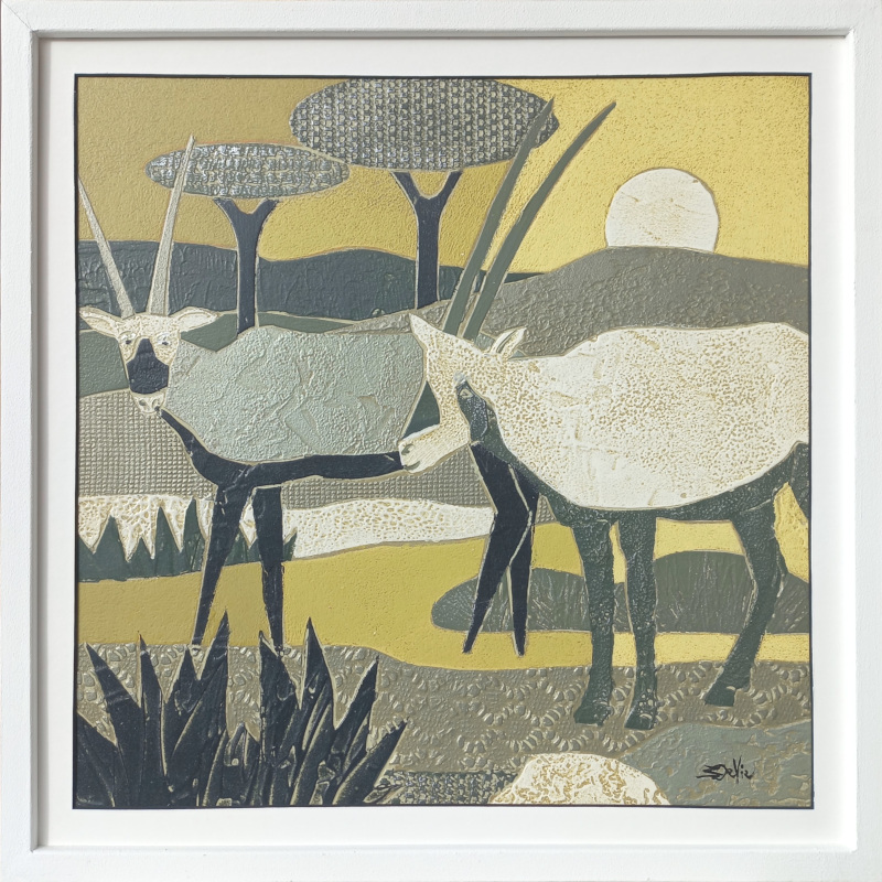 36x36cm DEUX ORYXS. Bronze et jaune